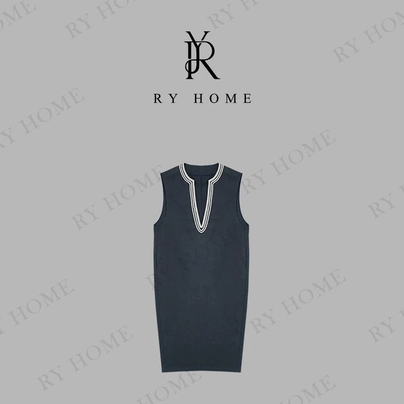 【容雨RYHOME】天丝亚麻混纺V领花边无袖连衣裙252L1465