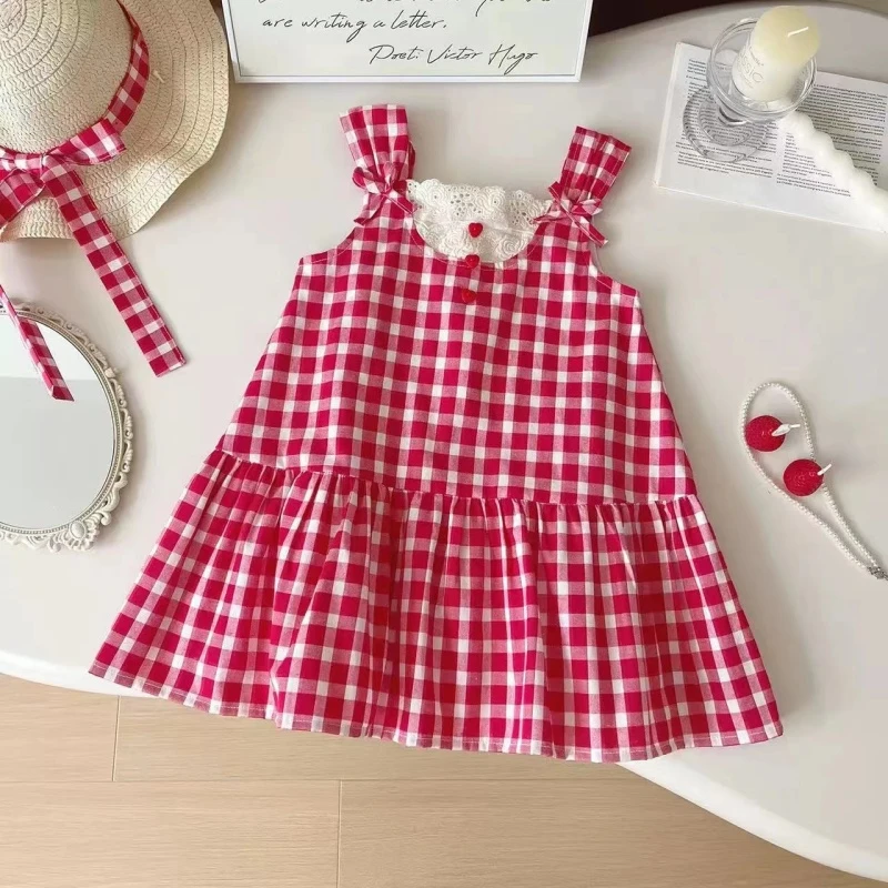 女宝宝红色格子连衣裙夏装韩版小童吊带裙夏季薄款女孩可爱背心裙