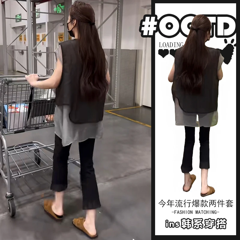 超火夏装一整套时尚设计感拼接假两件无袖上衣高腰打底裤洋气套装