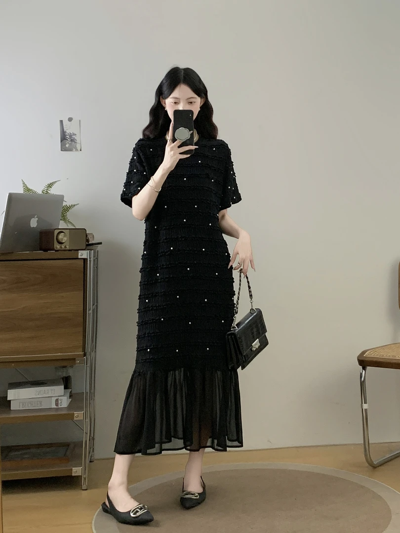 大码2025夏季新款法式时尚轻奢宽松显瘦重工钉珠连衣裙672