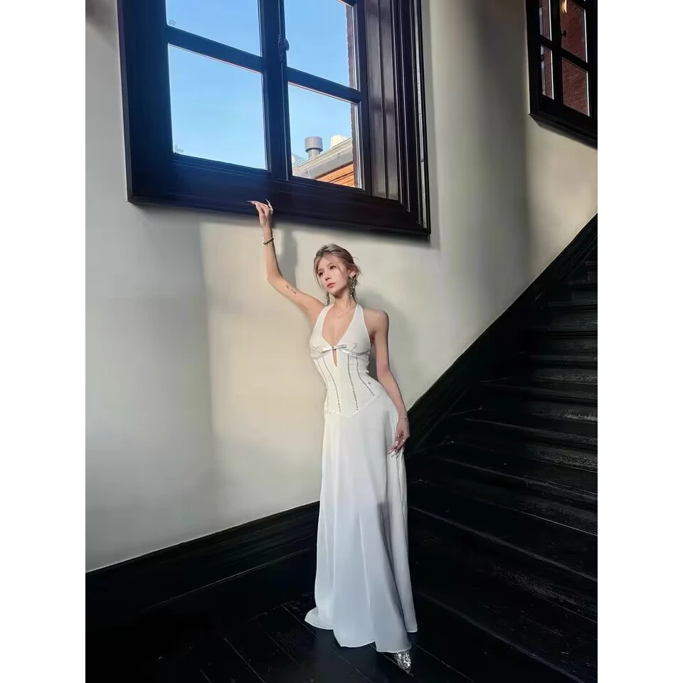 PS现货法式V领镂空设计感收腰挂脖中长款连衣裙度假礼服长裙