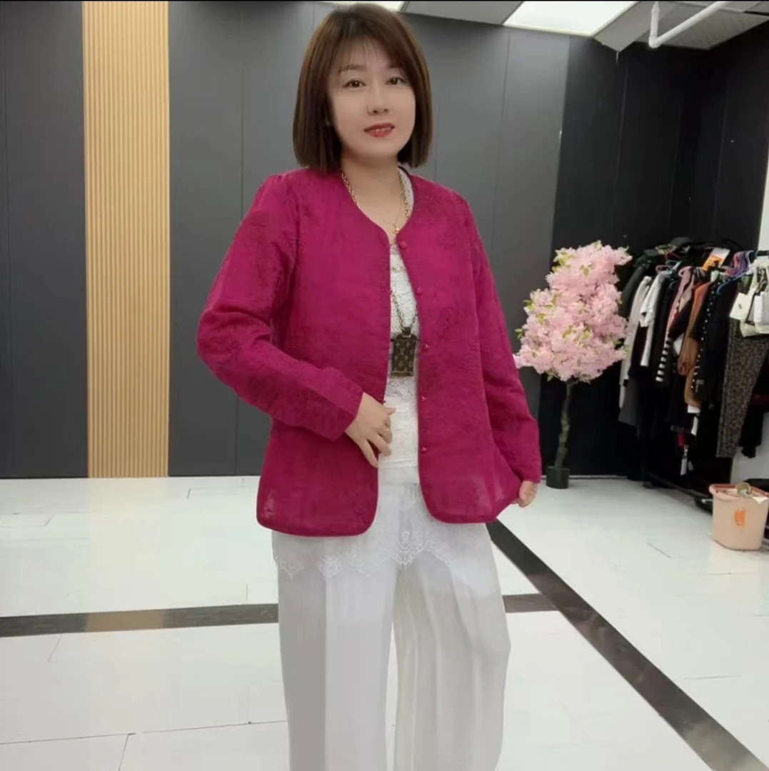 大码圆领长袖短外套气质潮流提花百搭新中式春夏刺绣网红上衣3619