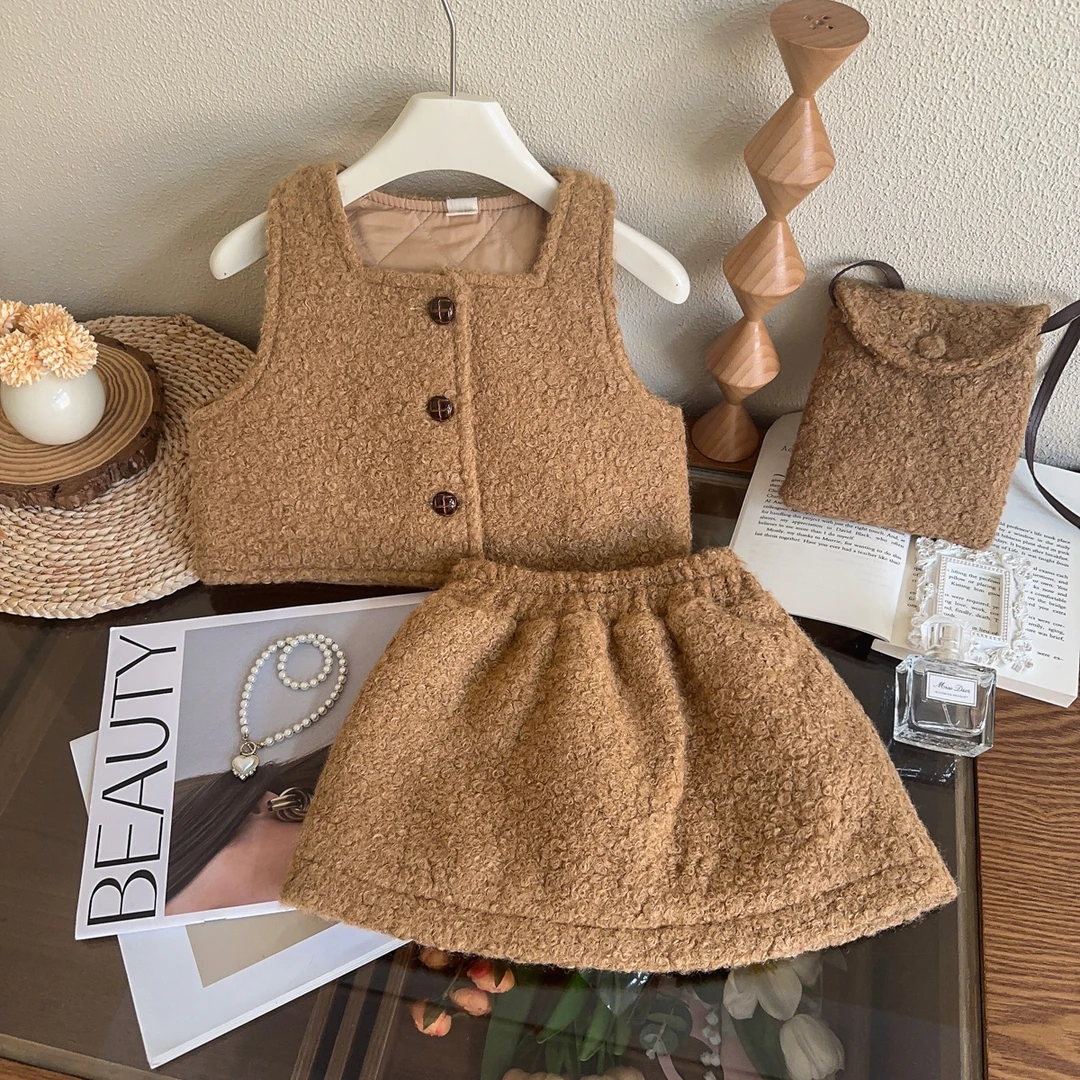 【优米】女童毛毛冬季新款马甲半身裙套装送包包BWA086