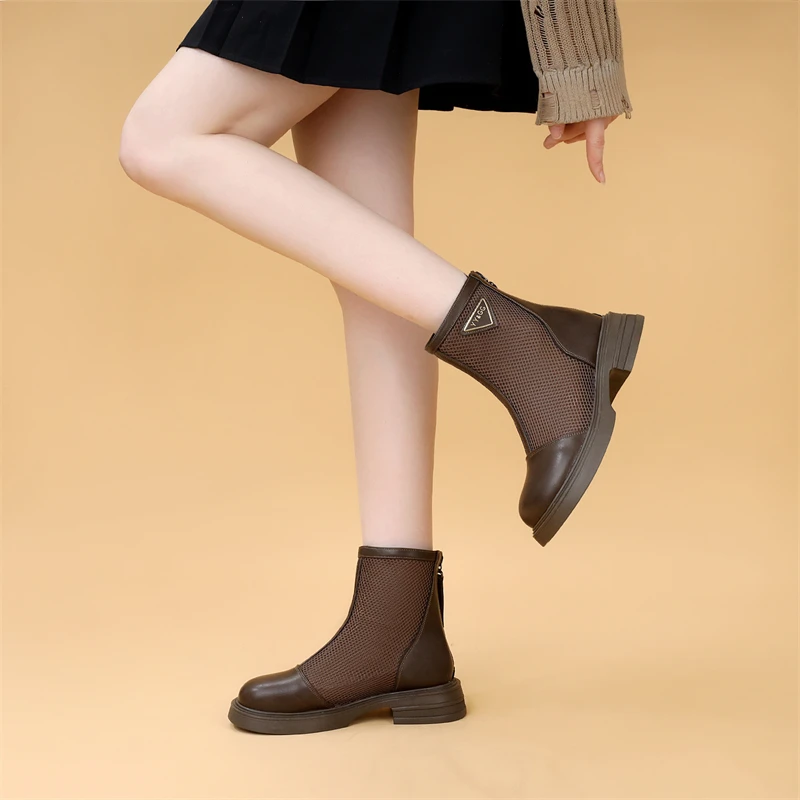 真皮包头凉鞋女2025新款薄款厚底网靴罗马春秋凉靴夏季马丁靴