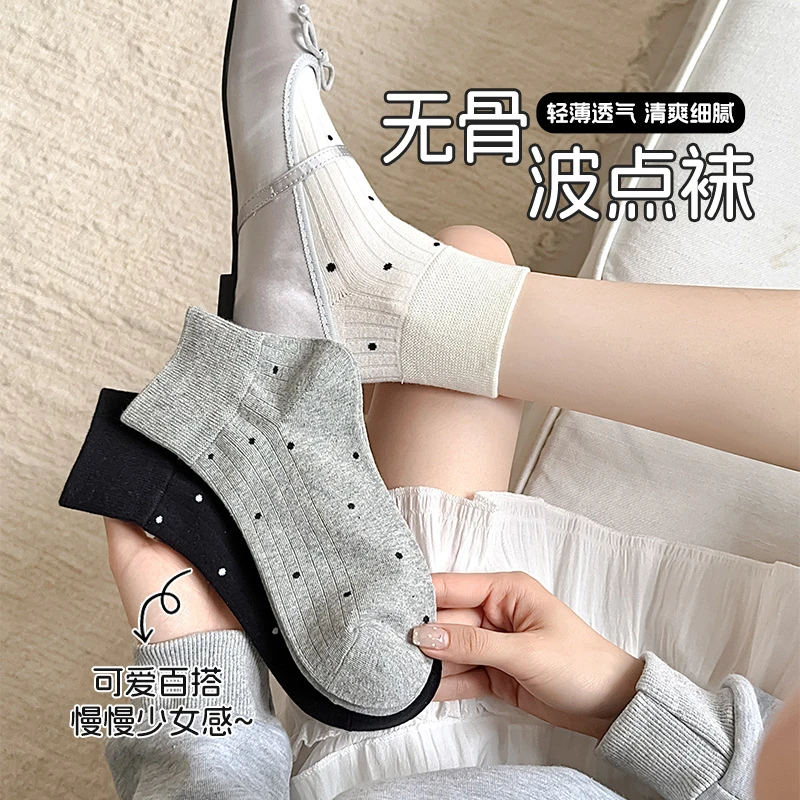 提花薄款透气夏季女公主风中筒透气波点中筒袜短袜夏季薄款袜子女