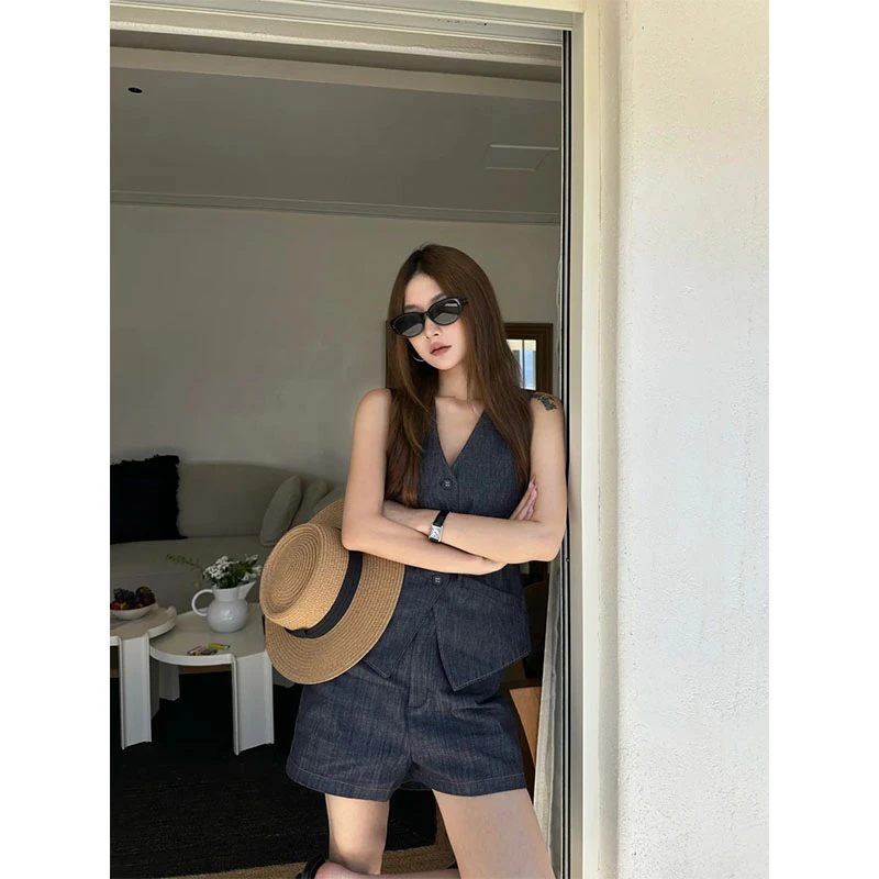 夏季度假风休闲百搭新款无袖马甲上衣高腰直筒宽松半身裙显瘦短裤