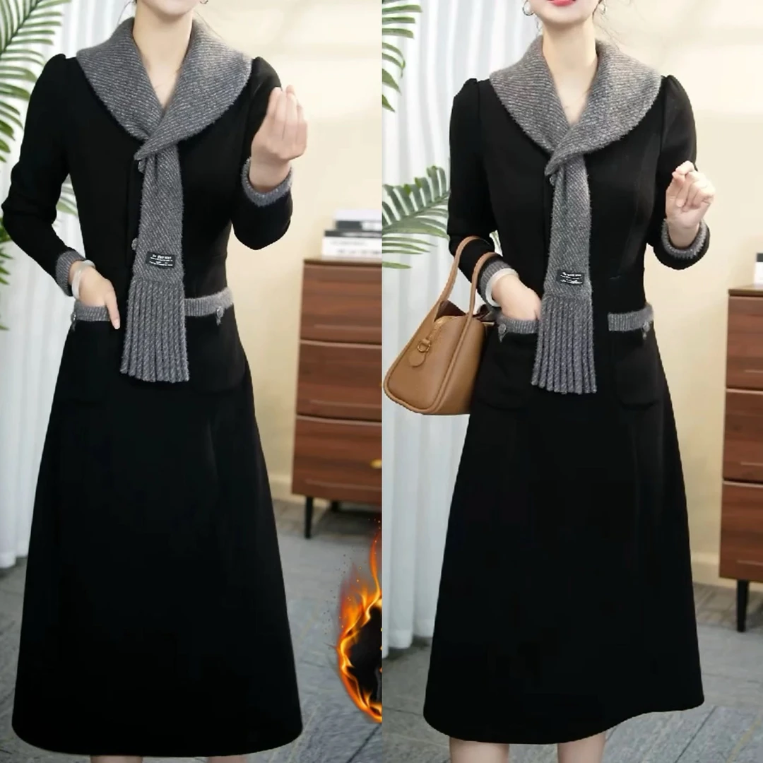 【衣雅严选】8189-2492#新款秋冬季气质显瘦保暖加厚围巾款连衣裙