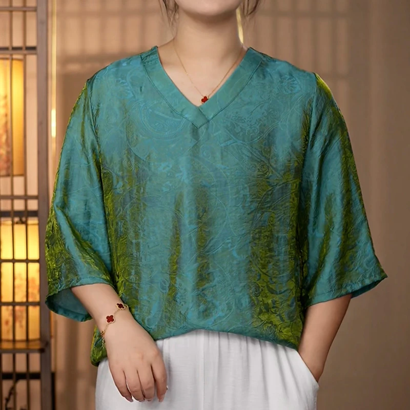 【043高端浮光锦】2025年新款V领新中式复古显白显瘦衬衫