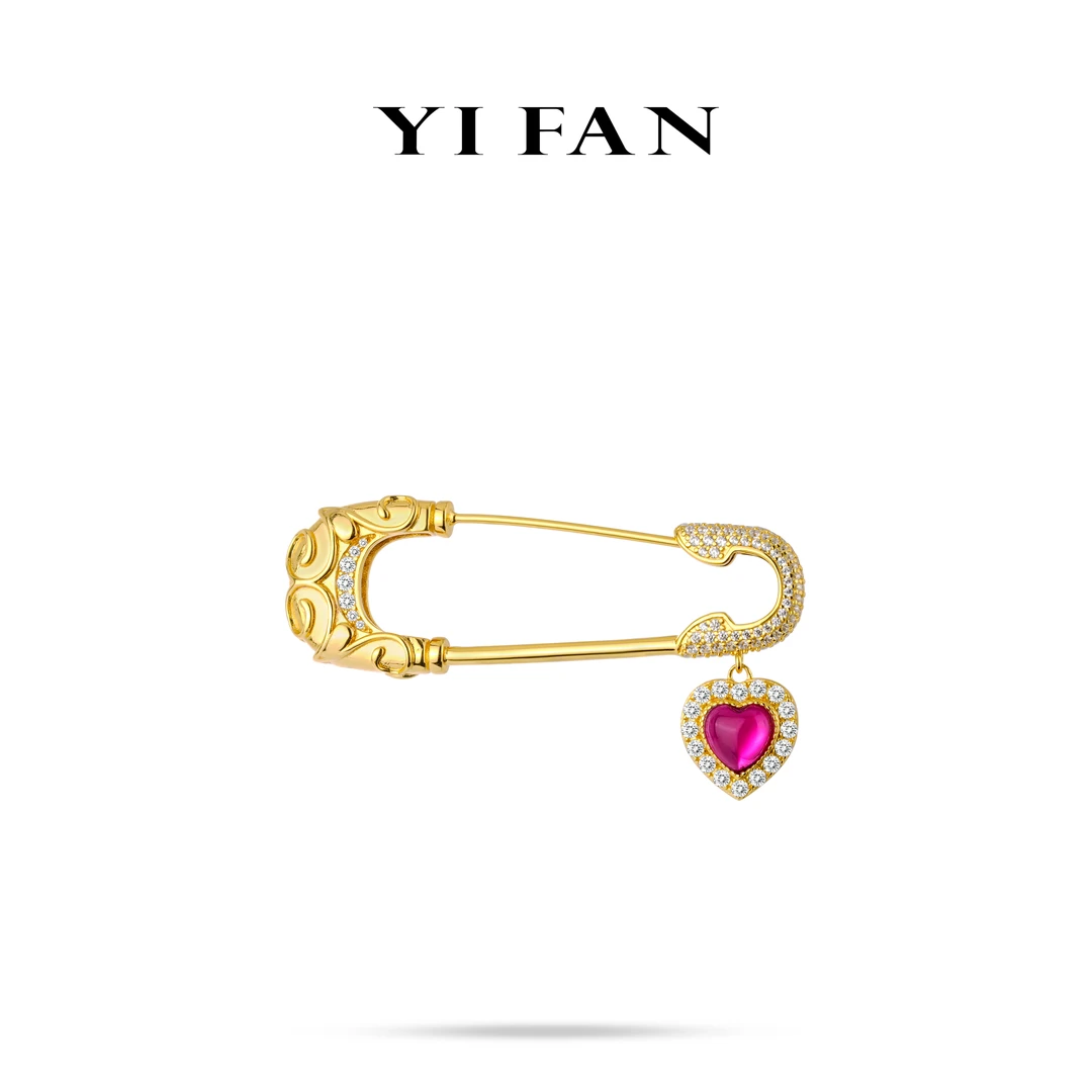 925银合成锆石胸针 5069-金色龙纹红桃心流苏豪镶百搭胸针