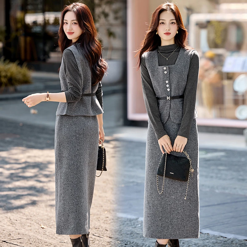 高级感小香风套装2025秋季新款气质减龄马甲打底衫半身裙子三件套