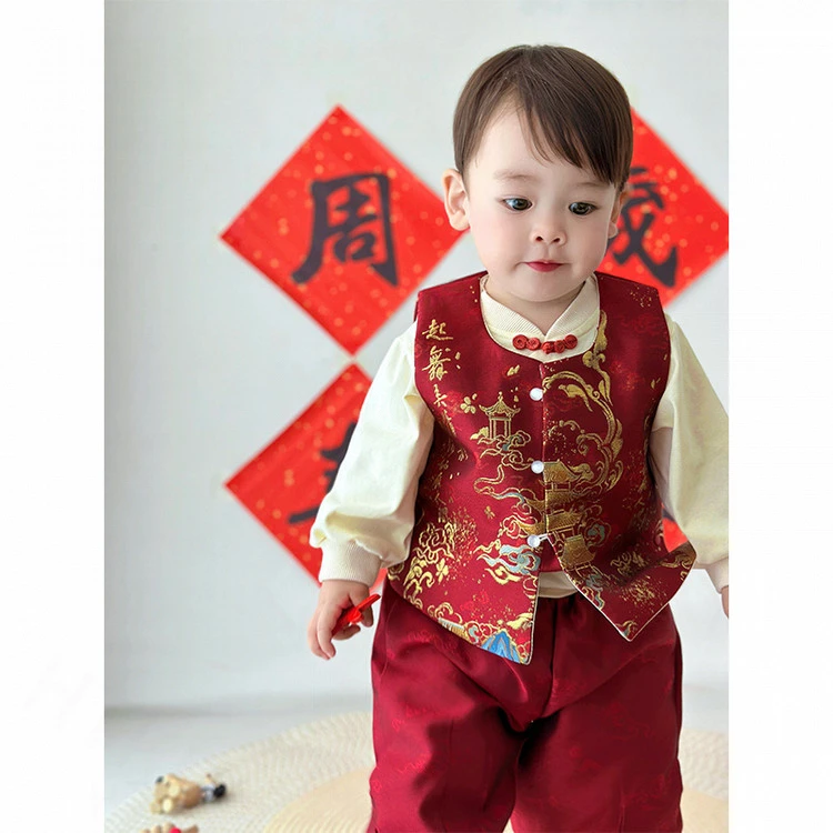 儿童套装宝宝唐装新中式拜年服周岁礼服男宝女宝喜庆热款春秋亭台