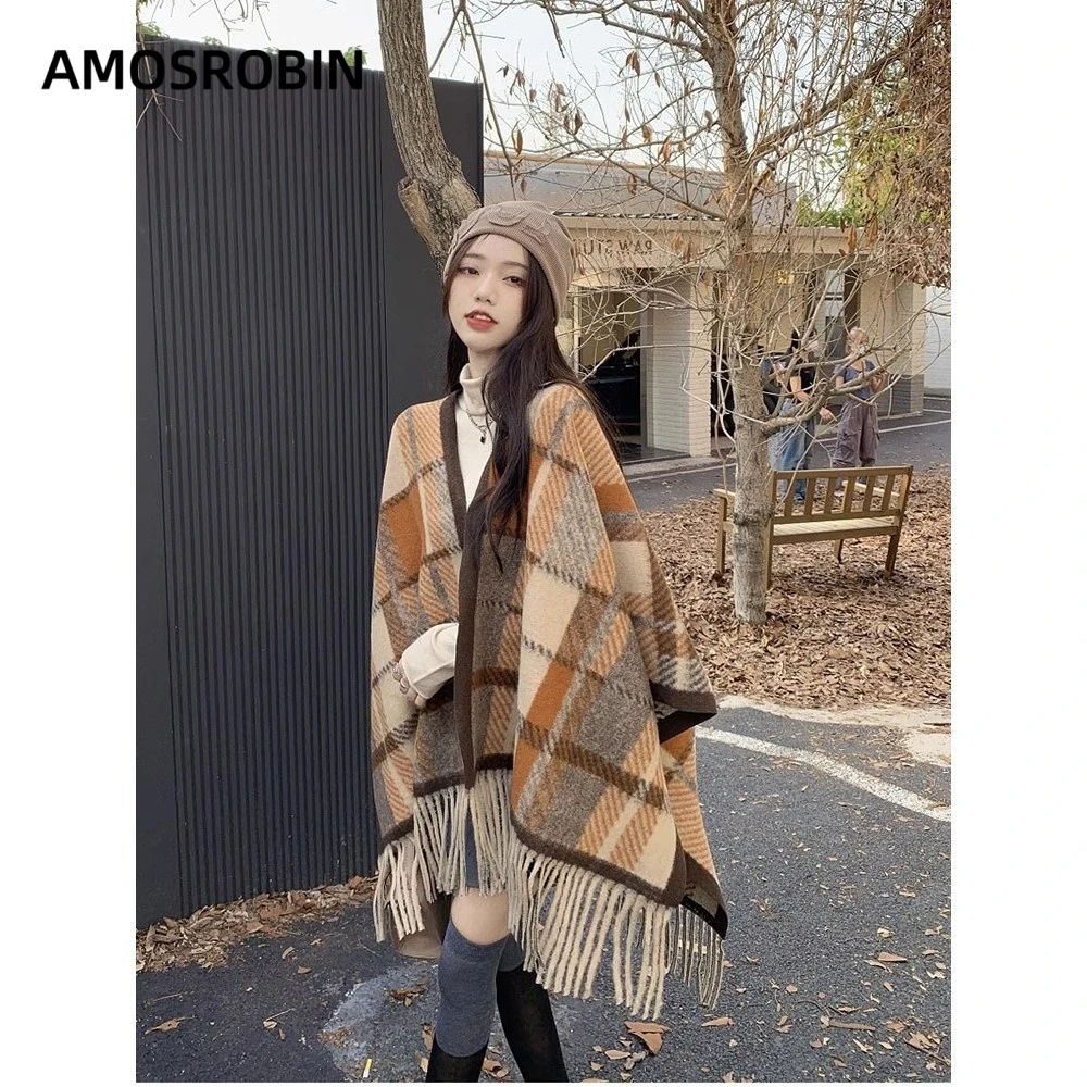 AMOS ROBIN美拉德格子大披肩女士外搭百搭秋冬季保暖围巾穿搭斗篷
