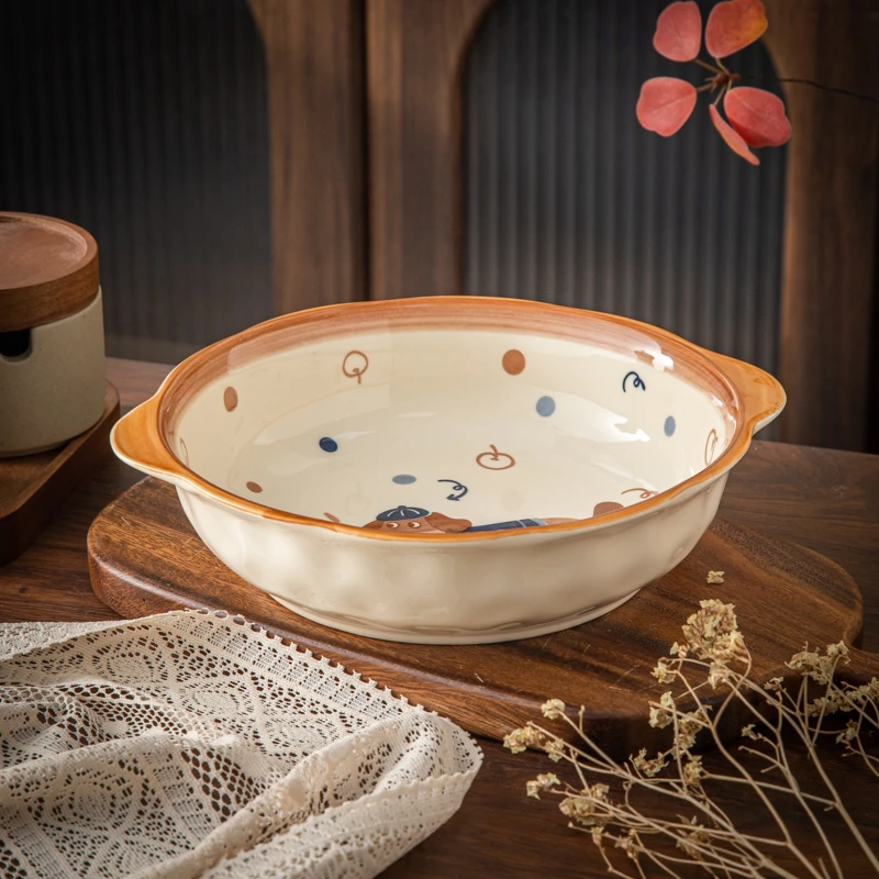 家用陶瓷餐具釉下彩动物王国小狗10英寸双耳反口大汤碗(1个装)