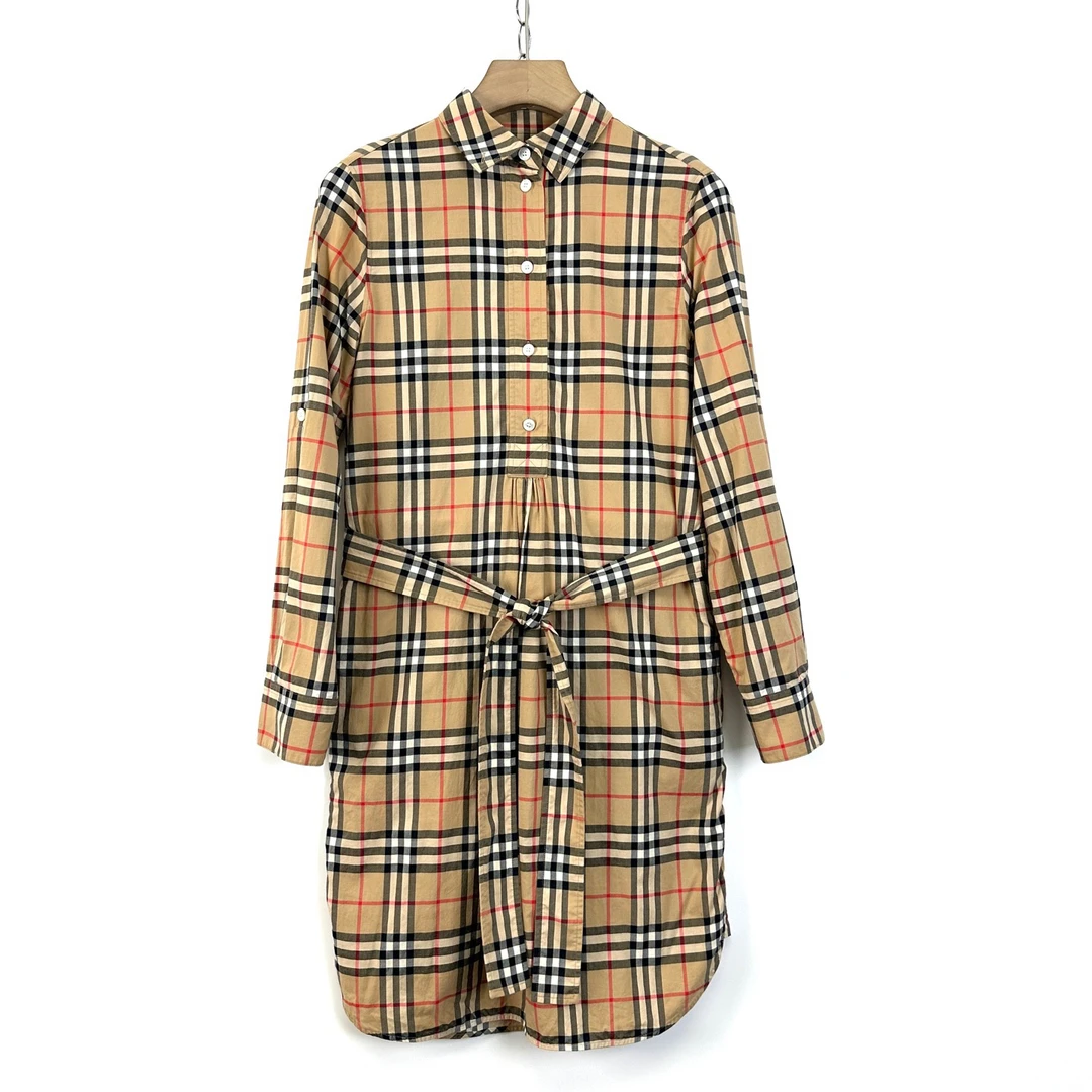 99新 BURBERRY/博柏利 UK6码/经典格纹中长款长袖连衣裙 /08981