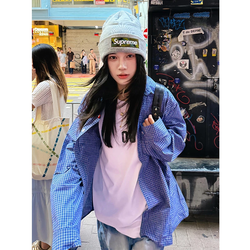 美式蓝色格子衬衫男女同款慵懒风长袖格纹衬衣宽松休闲情侣装外套