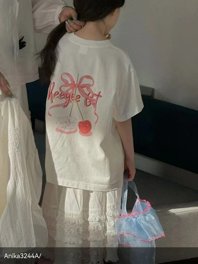 【豪宝贝】2025春夏款樱桃小猫蝴蝶结丝带短袖T恤3244