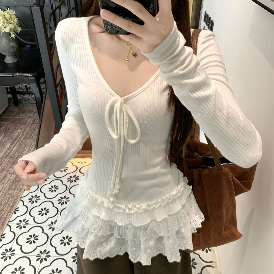 新款减龄蕾丝拼接系带长袖T恤女装秋冬别致百搭显瘦上衣