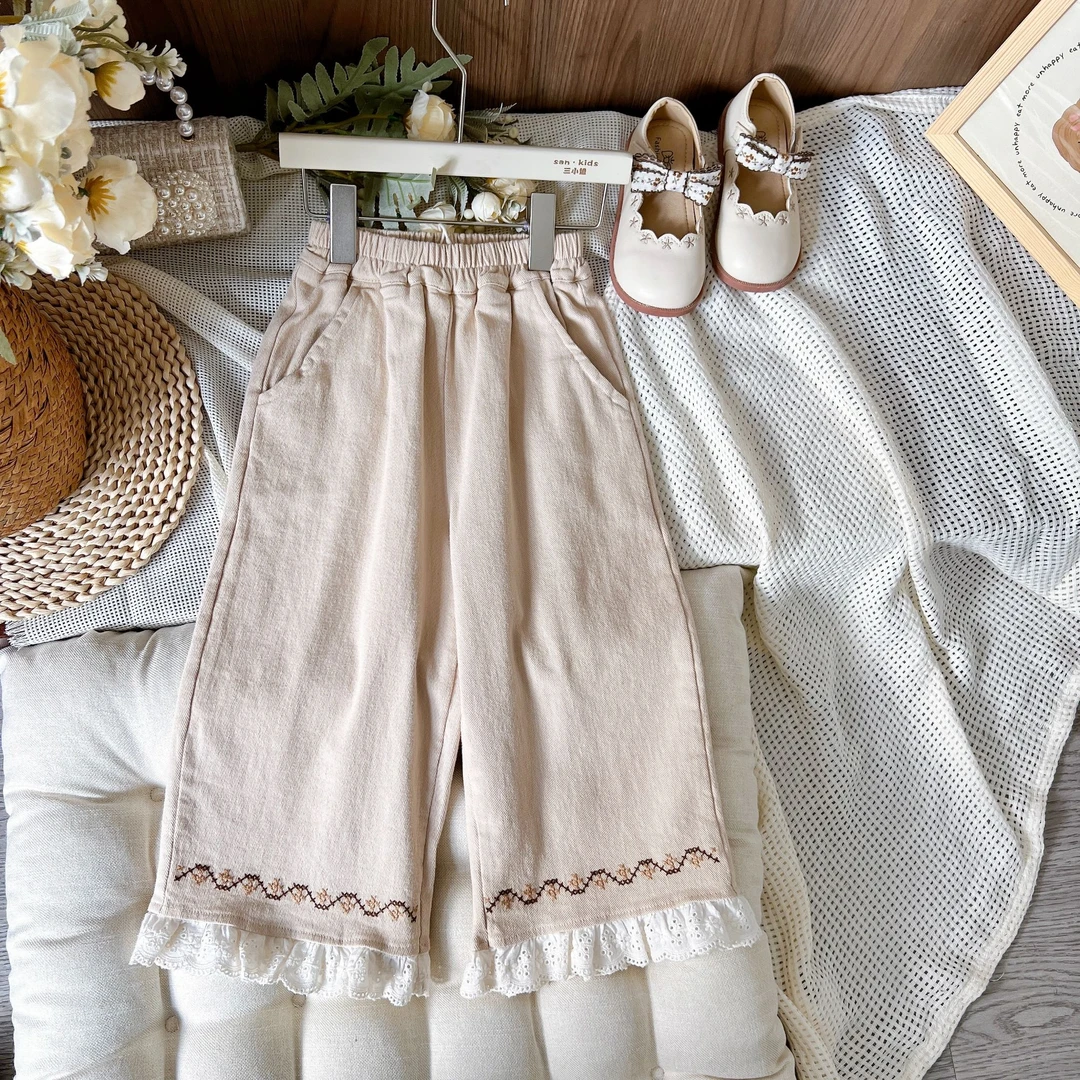 【断码福利 棉布】70013裤子 女童森系 绣花蕾丝花边 阔腿裤