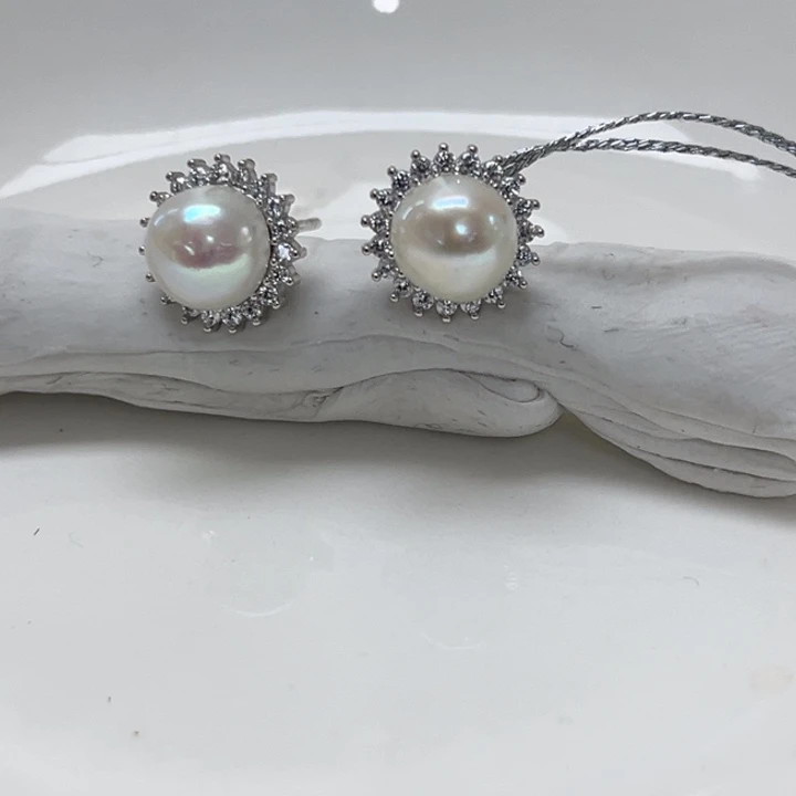 银S925镶嵌海水珍珠耳饰AK 7-8mm 8号