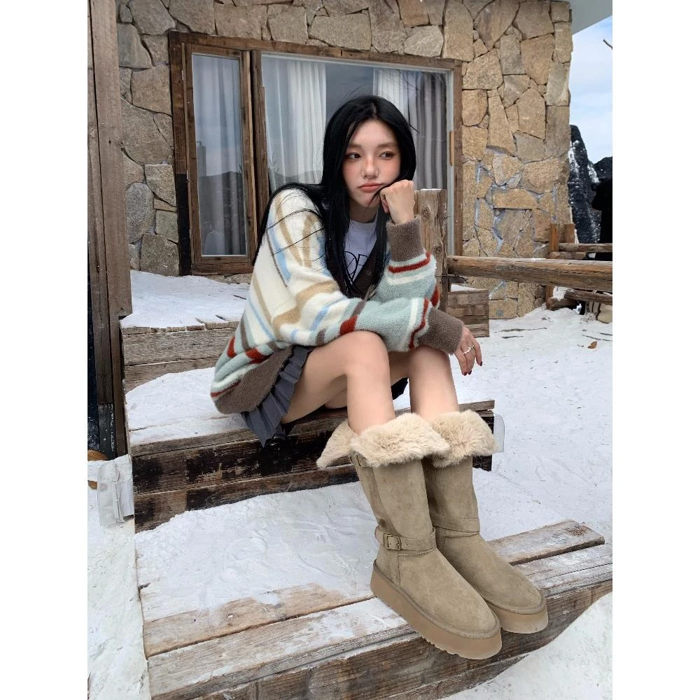 加绒加厚高筒雪地靴女2025秋冬平底两穿防滑毛毛靴子保暖东北鞋