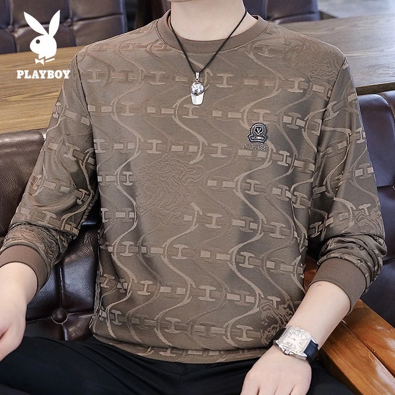 花花公子暗纹提花卫衣男时尚潮牌欧货内搭打底衫秋冬款长袖T恤高