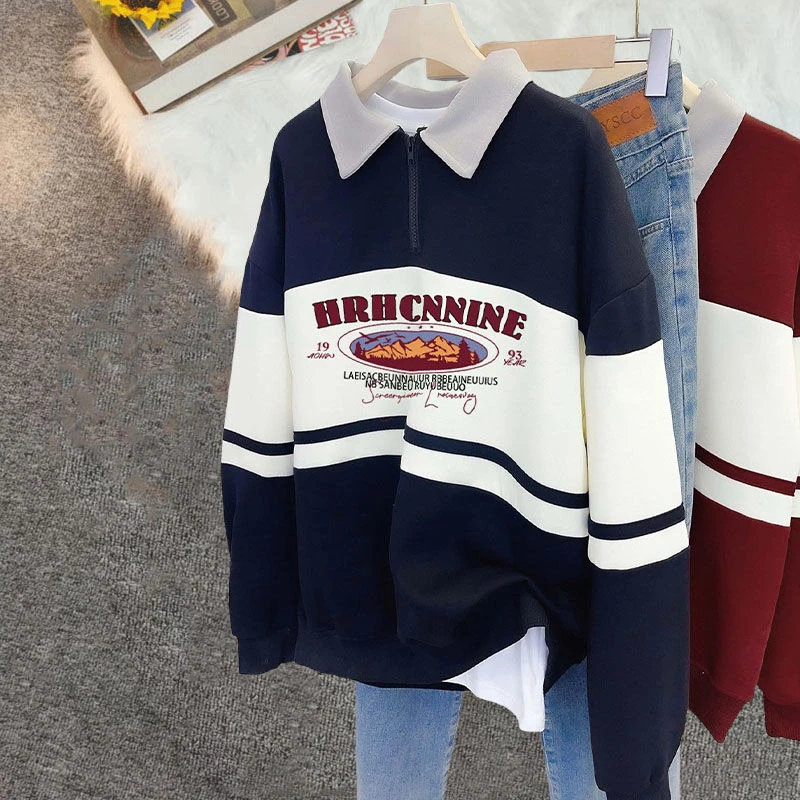 特大码秋季新款美式复古拼色polo领半拉链卫衣男女宽松情侣上衣i