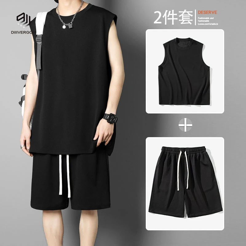 DIIIVERGOM冰丝黑色坎肩背心运动套装男士夏季速干运动健身无袖恤