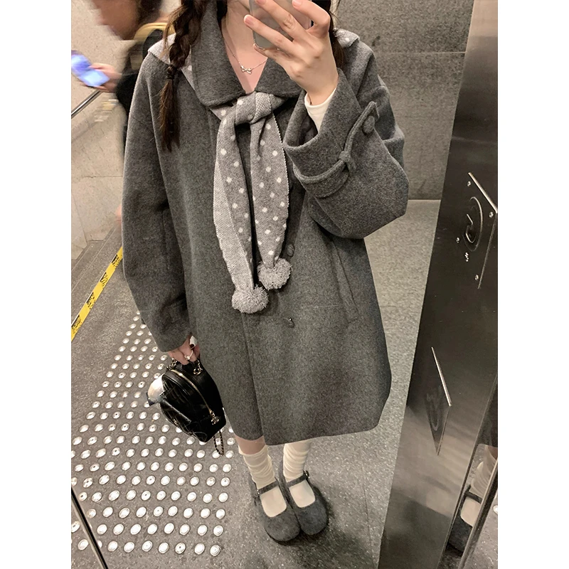 韩系高级感灰色翻领毛呢外套女秋冬新款韩版气质廓形呢子夹克大衣