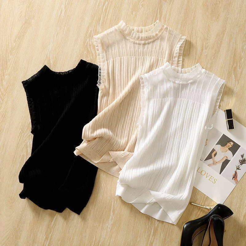 新款冰丝吊带背心女内木耳边蕾丝无袖上衣镂空外穿打底衫女百搭