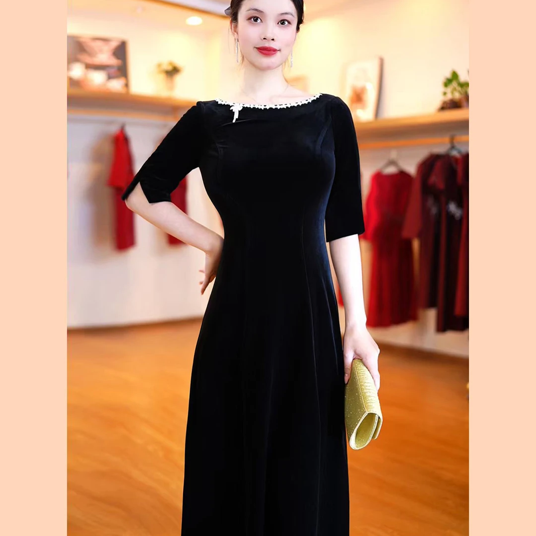 高端礼服喜妈敬酒服金丝绒旗袍连衣裙黑色晚装裙大码日常穿