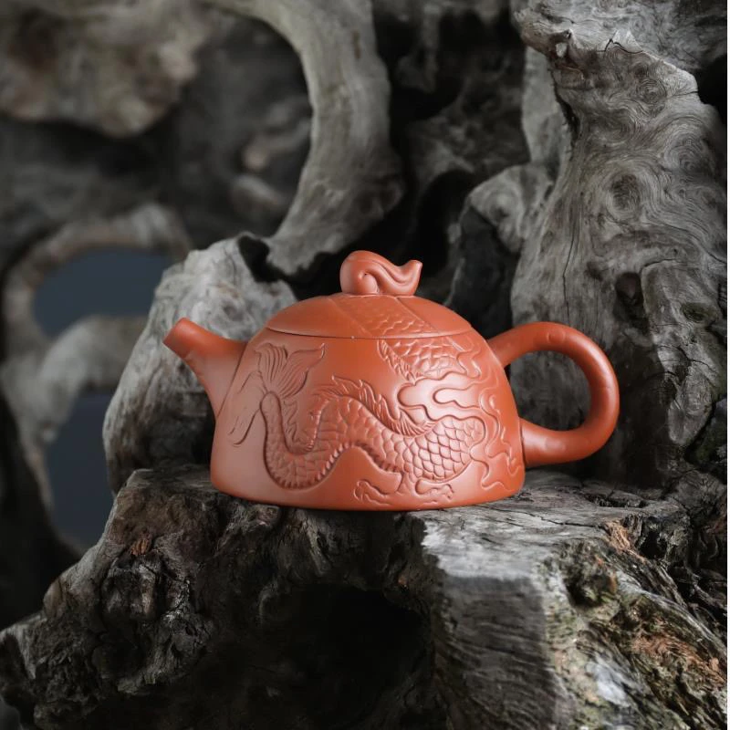紫砂凤鸣壶原矿朱泥龙纹半月壶壶功夫茶具家用泡茶茶具-DY70