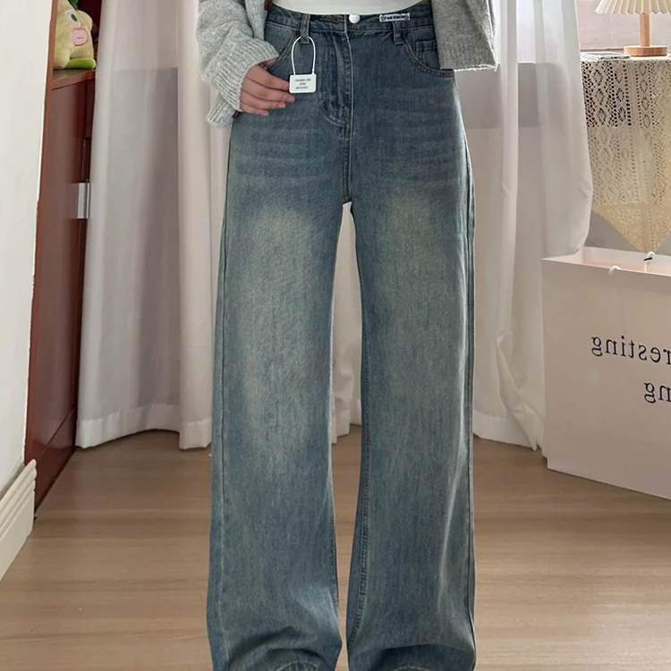 复古蓝直筒阔腿牛仔裤女2025新款胖mm高腰宽松显瘦垂感拖地裤