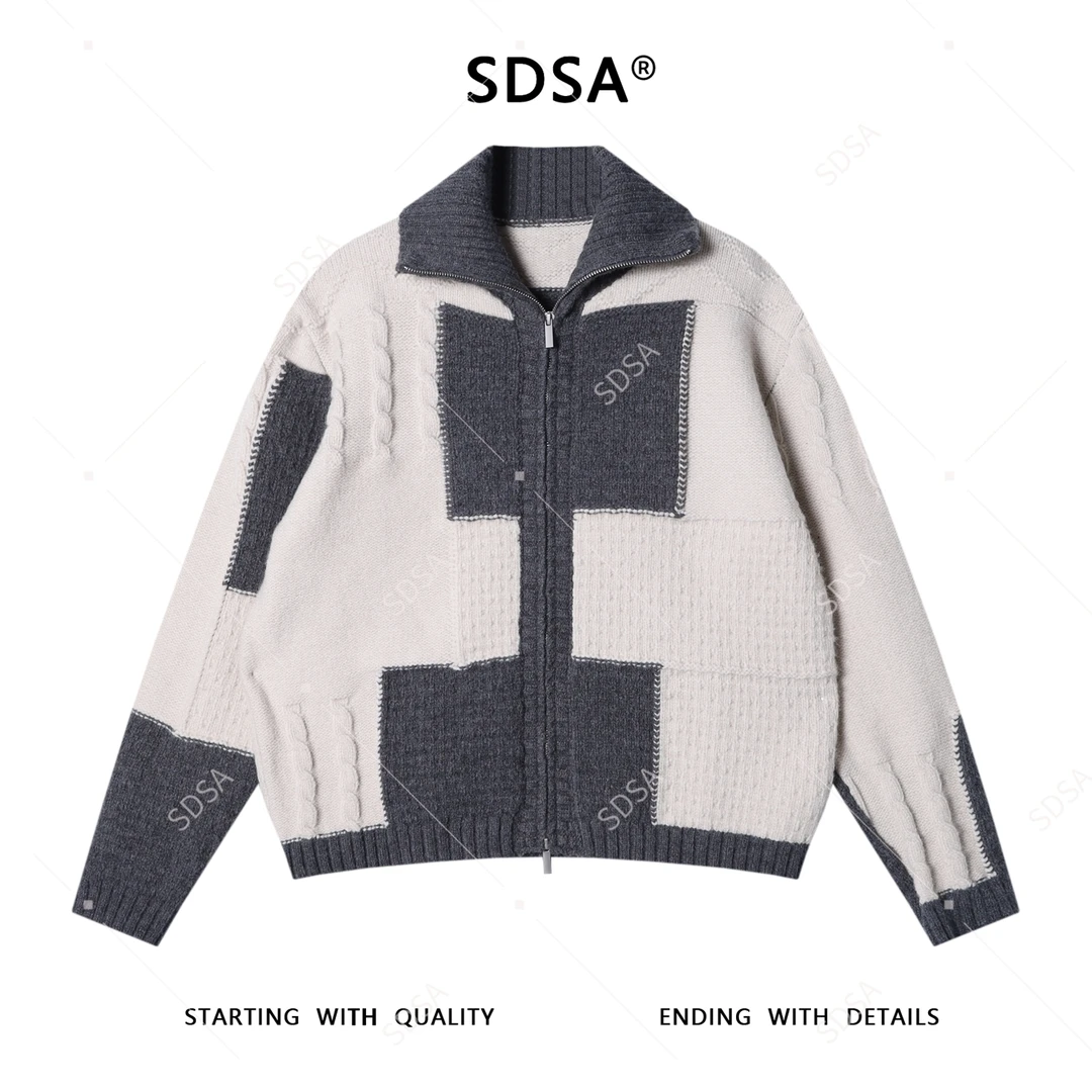 SDSA男士秋冬新款痞帅男装潮牌撞色纽花拉链翻领开衫毛衣百搭时尚