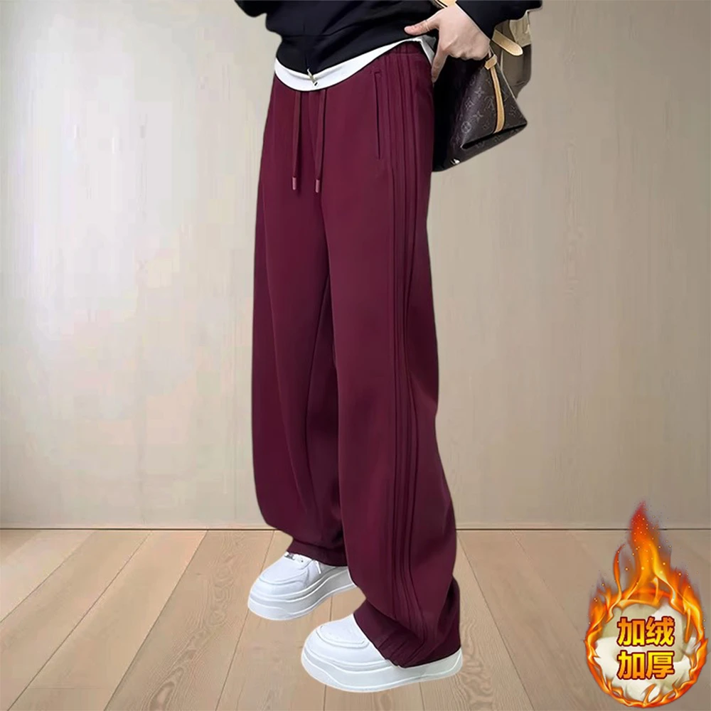 2025秋冬潮流休闲服加绒包年安哥拉红百搭裤子宽松显瘦阔腿休闲裤