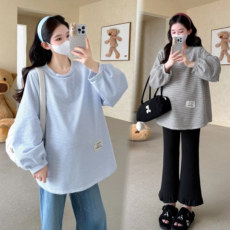 孕妇装春秋款新款孕妇上衣秋季宽松大码条纹T恤长袖时尚洋气减龄