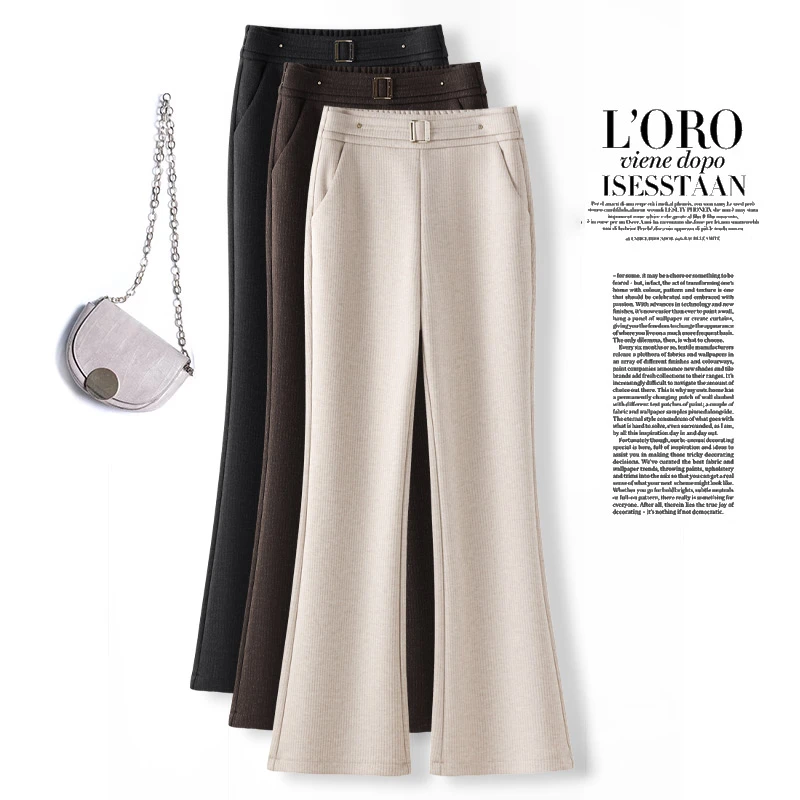 醋酸羊毛呢微喇裤女2025秋冬季新款高腰毛呢休闲宽松喇叭裤子女潮