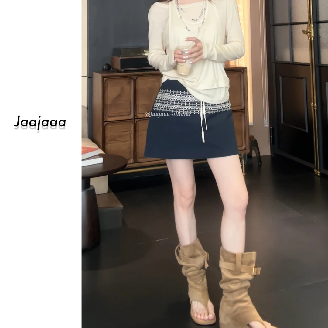 Jaajaaa浮光织迹 设计款拼色提花抽绳百搭显瘦防走光半身短裙/IGG