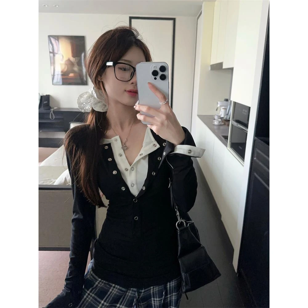 黑色假两件套长袖t恤妇女早春设计小众修身底衬衫独特别致的顶部