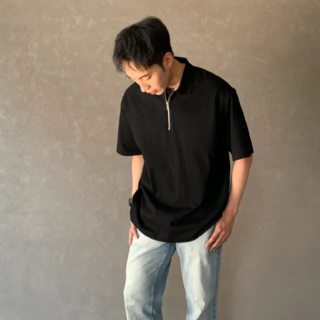 CRKINDNESS 2025SS棉质正肩宽松翻领拉链polo 衫黑色打底衫百搭