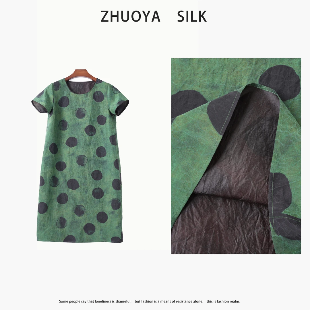 100%桑蚕丝真丝龟裂纹香云纱连衣裙两面穿波点连衣裙波点裙