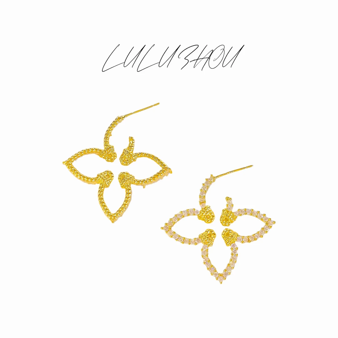 铜合金合成锆石耳饰 麻花结四叶花线条镂空大量感耳钉LEED240810