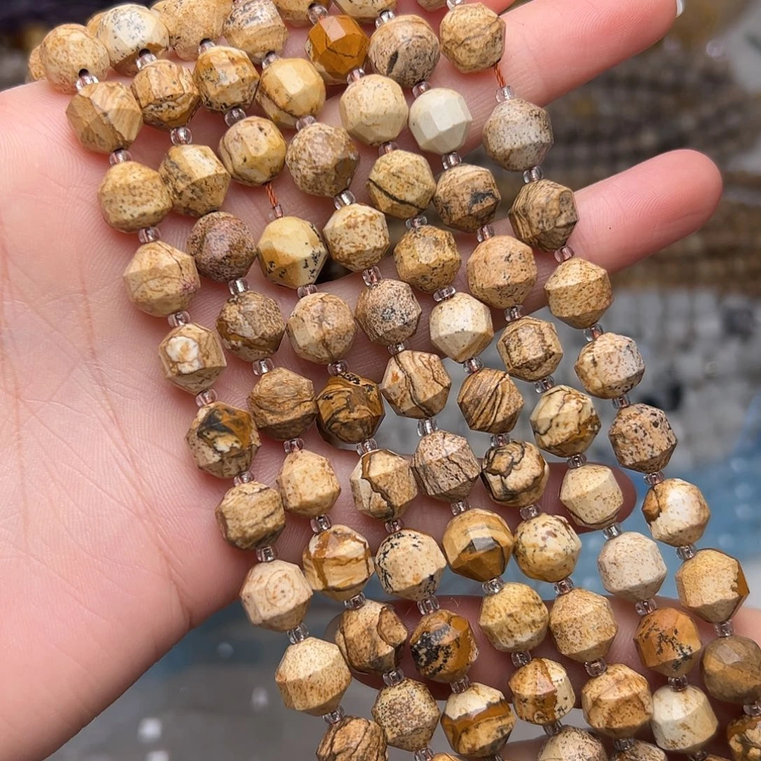 玛瑙/玉髓合金珠宝半成品Y64。10mm图画石转运柱一条