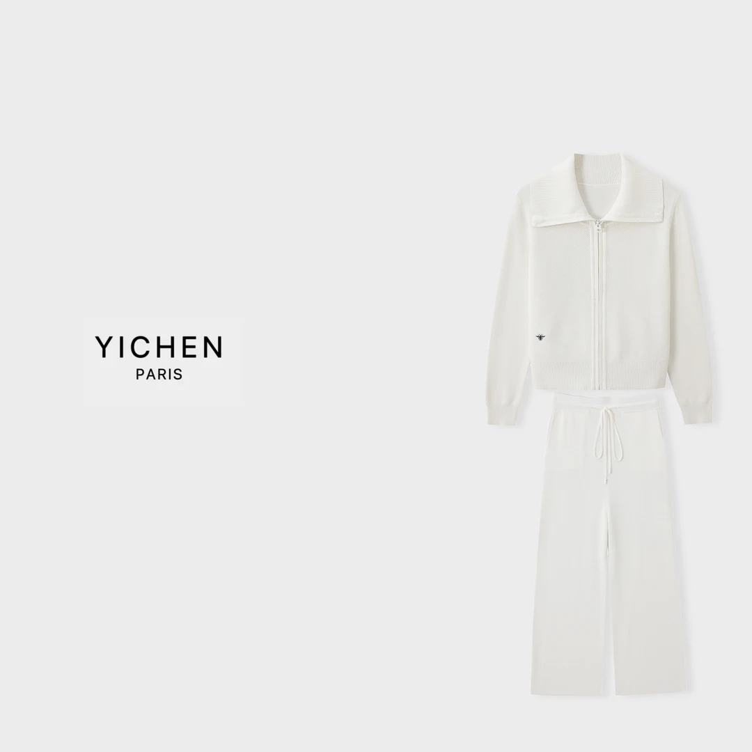 YC 纯白色小蜜蜂刺绣徽标翻领针织外套/抽绳休闲阔腿裤-6053