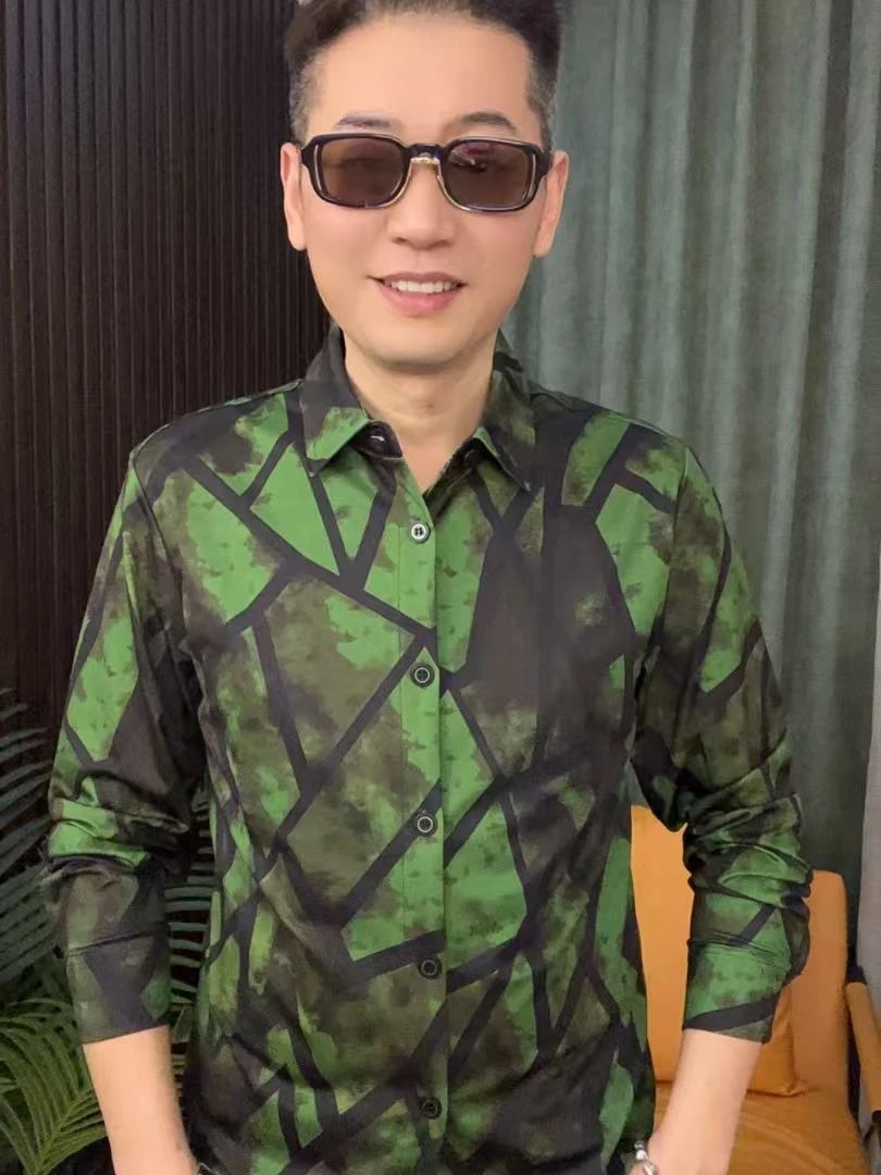 衬衫免烫几何时尚印花常规不起球夏季男士长袖男装套装