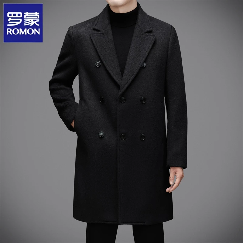 罗蒙秋冬新品加厚款男士长款大衣西装领羊毛呢子风衣气质男士外套