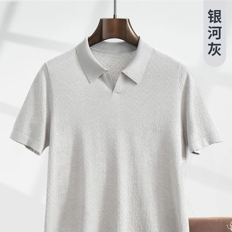 男士海鸥领桑蚕丝短袖薄款精纺山羊绒毛衣商务休闲上衣半袖
