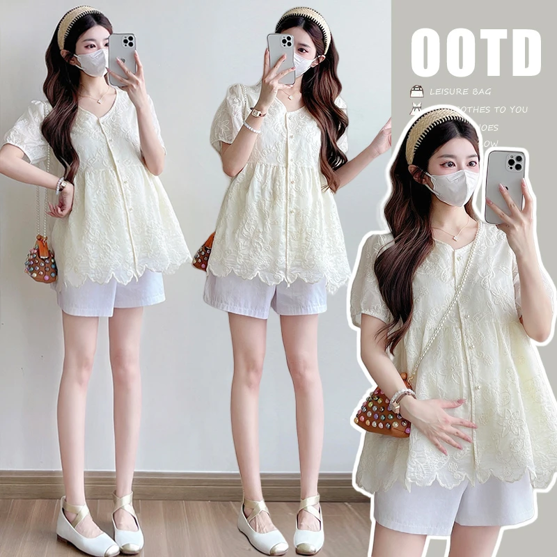 2025夏季法式轻奢透气柔软波浪花边遮肚显瘦v领孕妇宽松娃娃衫女