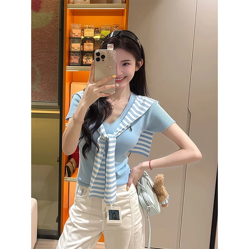 辣妹洋气两件套条纹披肩气质v领短袖T恤夏季穿搭时尚百搭显瘦上衣