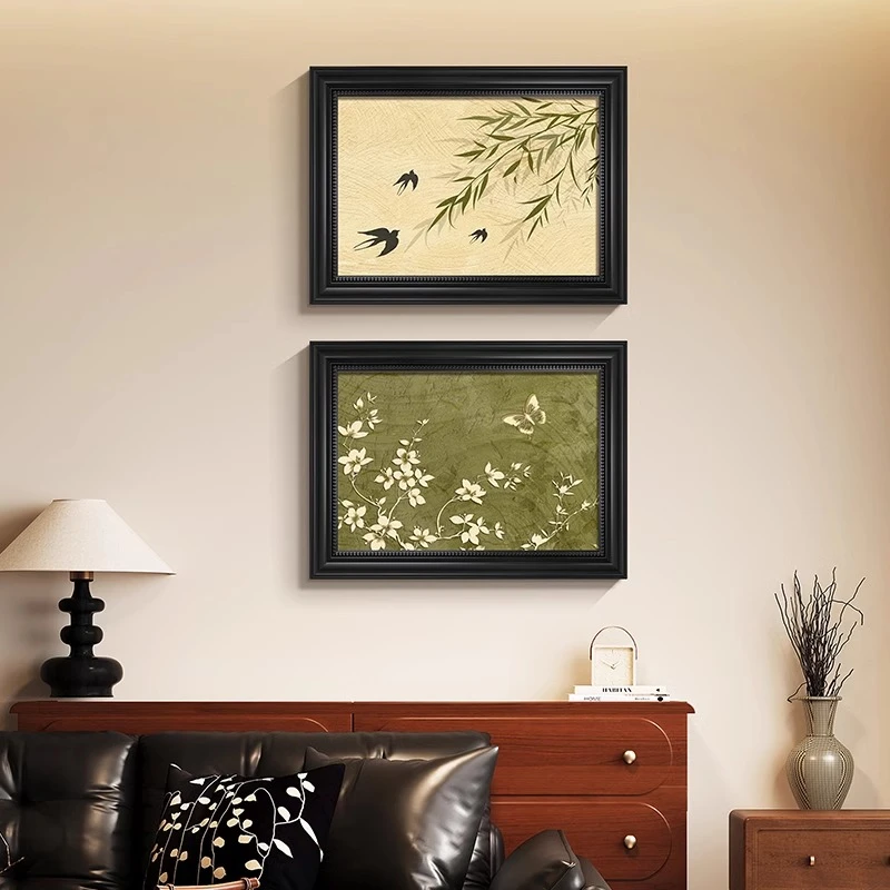 中古风客厅装饰画餐厅卧室墙壁画绿色系花卉竹子美学新款玄关挂画