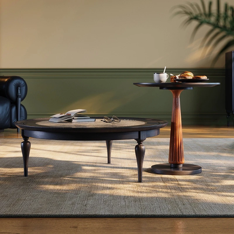 木子鱼 法式复古中古风实木圆形茶几组合客厅小户型大小圆茶几